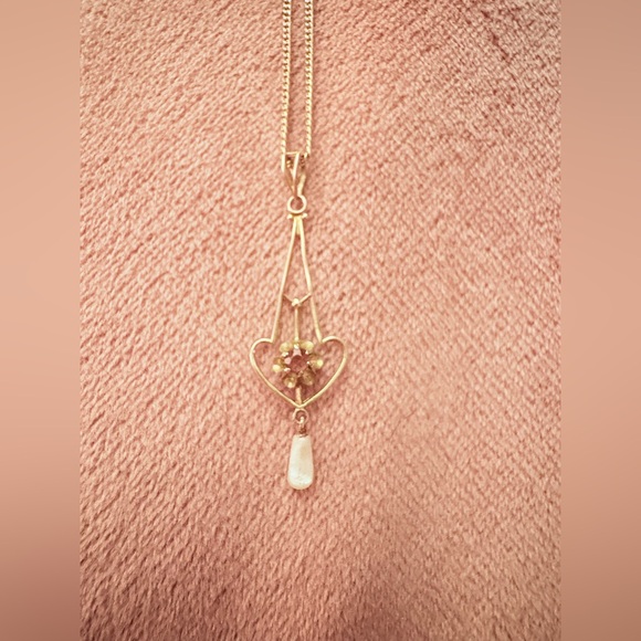 Antique Victorian Edwardian 10K Yellow Gold Lavaliere & Chain Gem Pearl Stamped - Picture 7 of 16